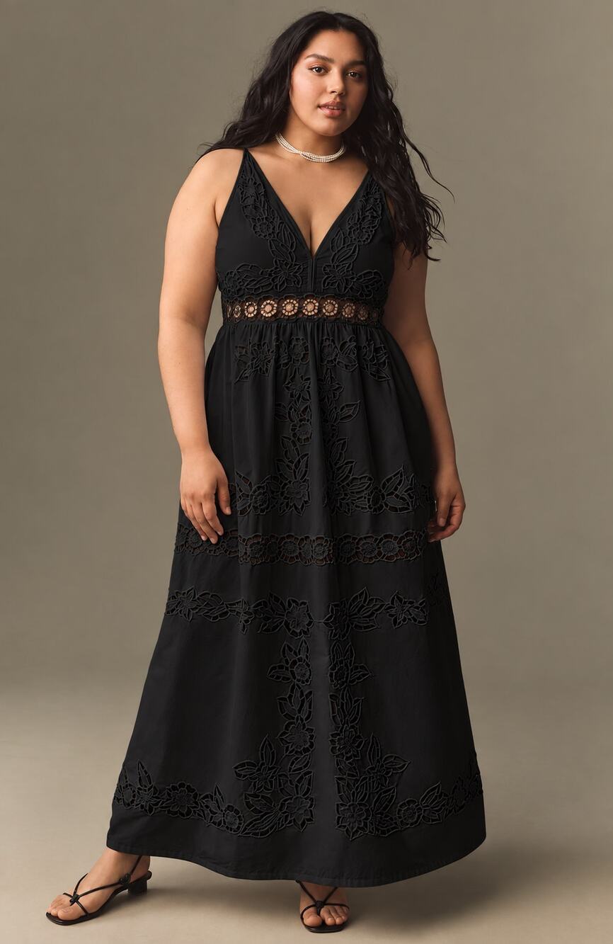 Vineet Bahl Anthro Womens Maxi Dress 1X Plus Black V-Neck Cutwork Floral Boho